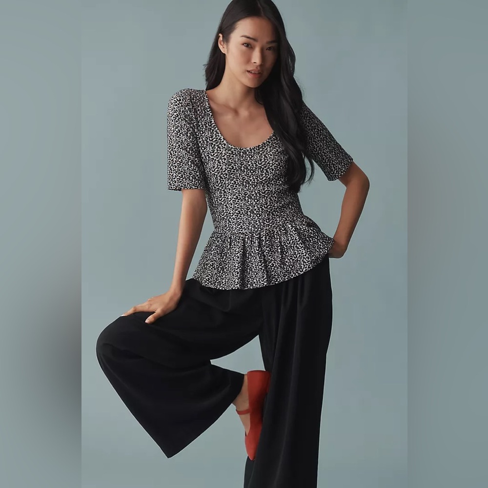 Anthropology Maeve Peplum Scoop-Neck Blouse Womens M Black Leopard Print